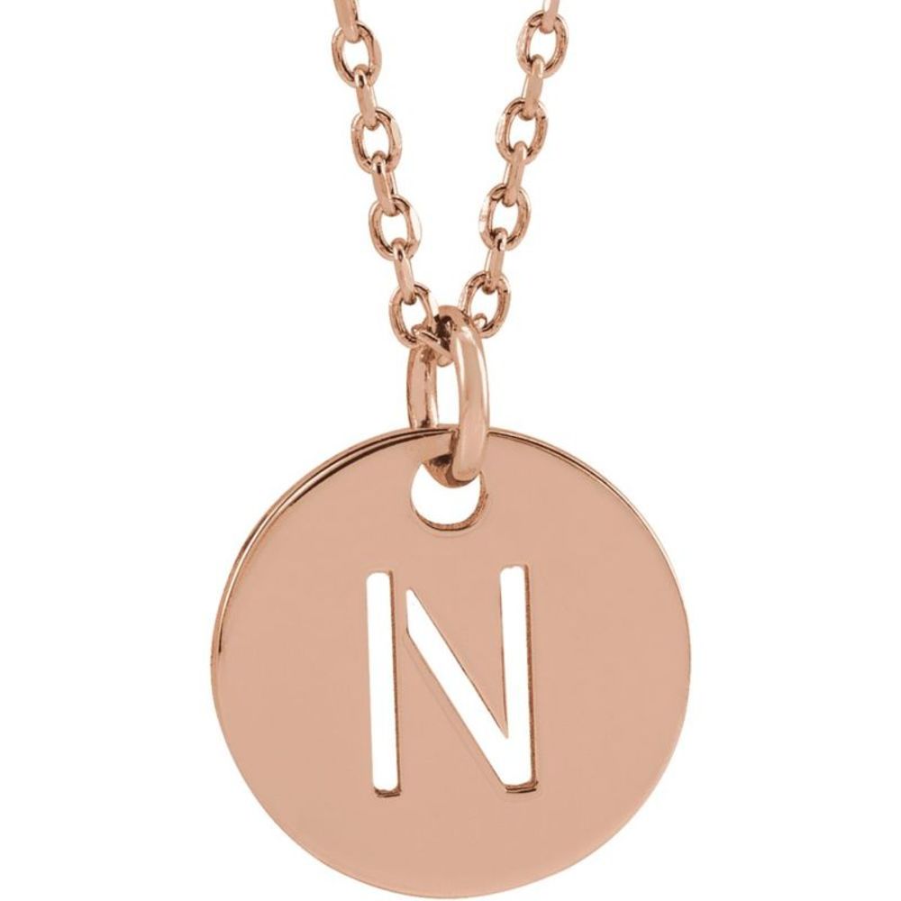 14k Rose Gold Initial N, Small 10mm Pierced Disc Necklace, 16-18 Inch